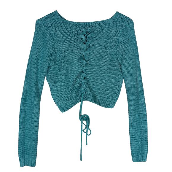 Pretty Guide Cropped Sweater Top Size Small Eyelet Cable Knit Lace Up Goth - Picture 7 of 8
